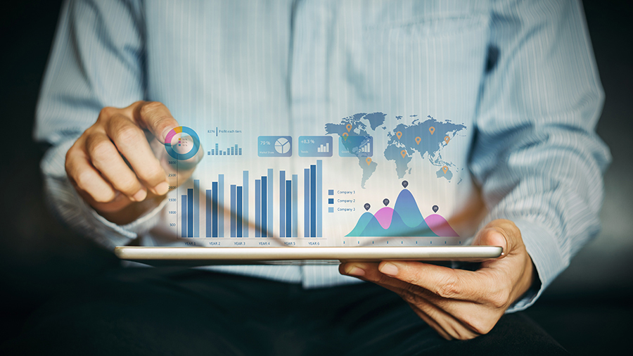 Businessman investor analyzing company financial mutual fund report working with digital augmented reality graphics technology. Concept for business, economy and marketing.