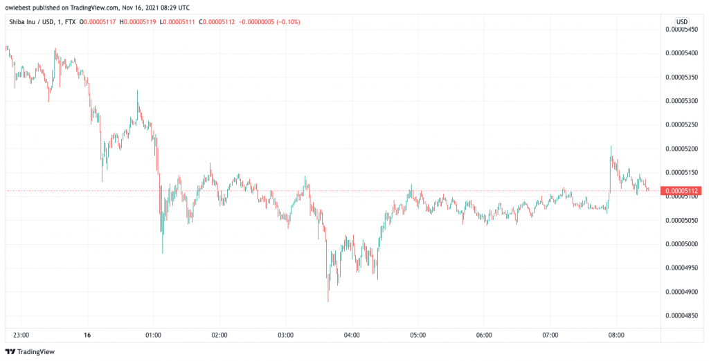 Shiba Inu fiyatı yaklaşık 0,0005 dolar civarında seyrediyor | Kaynak: SHIBUSD, TradingView.com