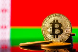 Gold metal coin Bitcoin on the background of the flag of   Belar