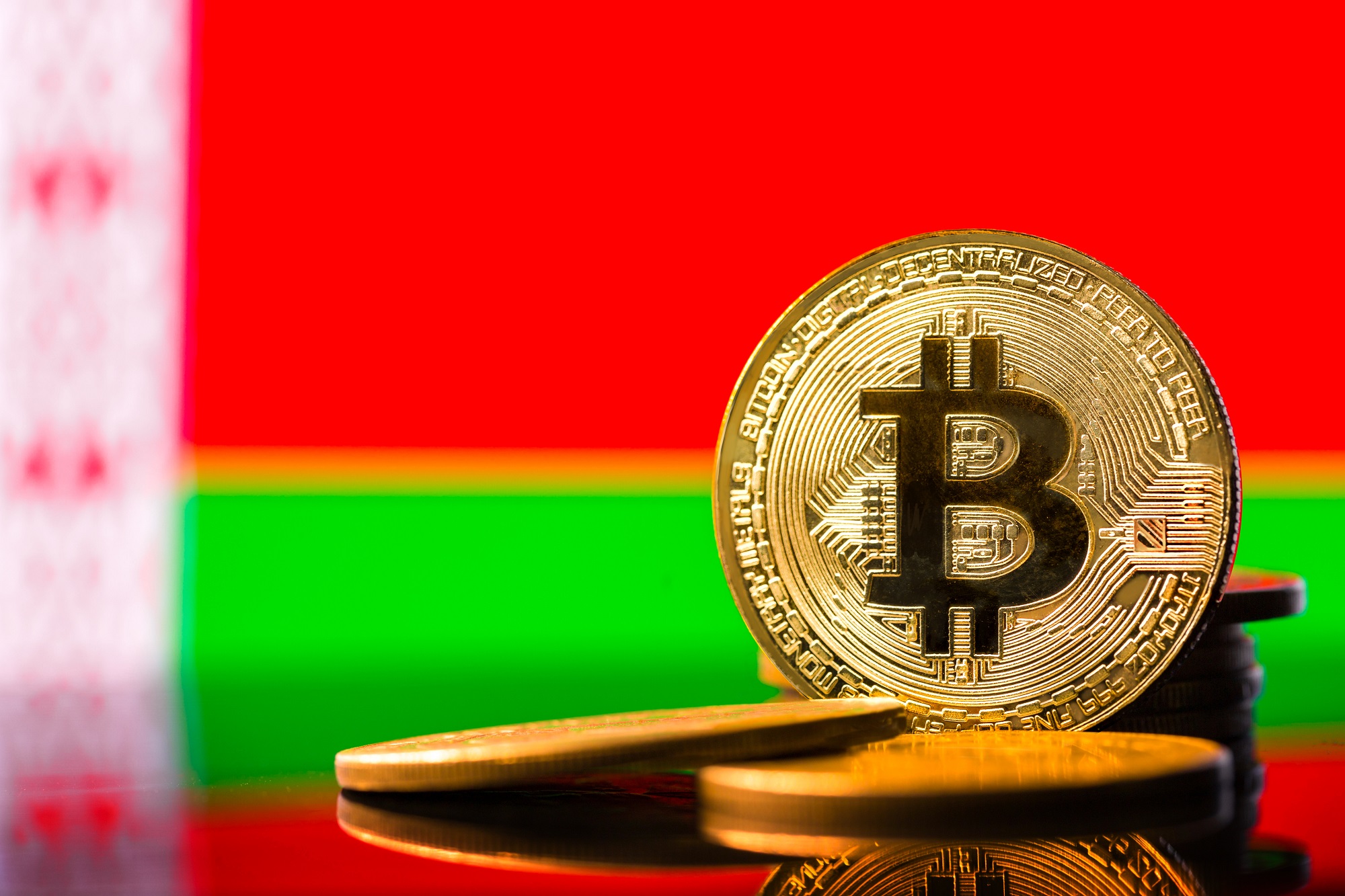 Gold metal coin Bitcoin on the background of the flag of   Belar